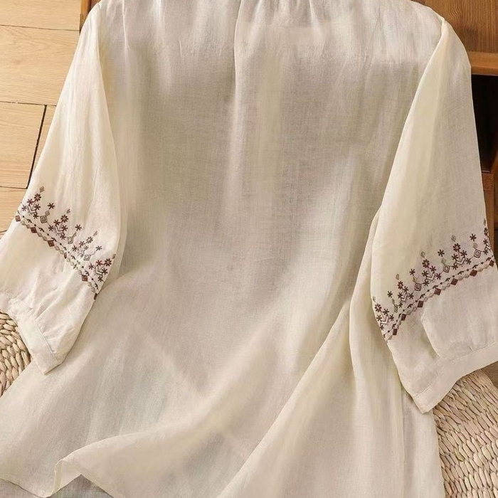 91家纺网 家纺一手货源 找家纺 洛兰沙家居馆【只代发】【只代发】 2025新款国风绣花苎麻衬衫女斜襟盘扣立领唐装小衫气质棉麻套头上衣 白色