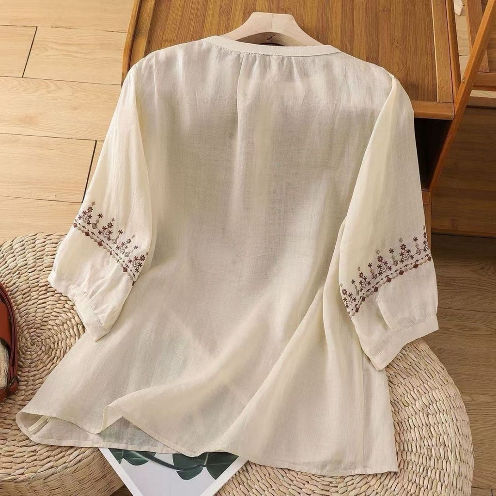 91家纺网 家纺一手货源 找家纺 洛兰沙家居馆【只代发】【只代发】 2025新款国风绣花苎麻衬衫女斜襟盘扣立领唐装小衫气质棉麻套头上衣 白色