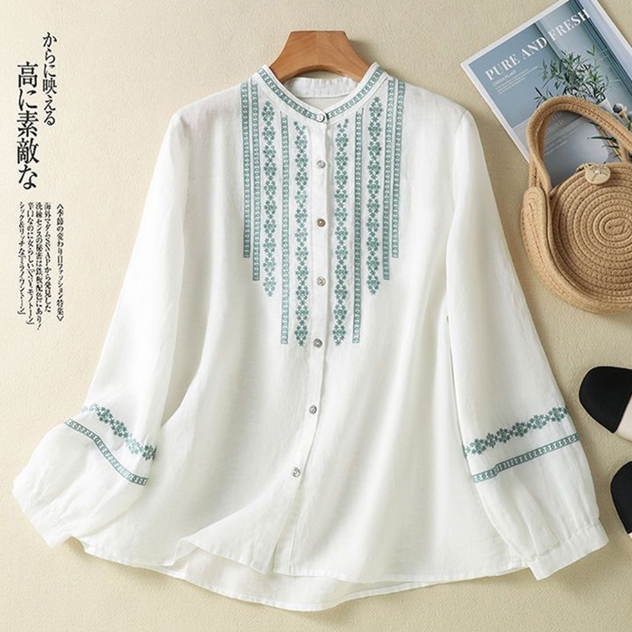 （总）洛兰沙家居馆【只代发】【只代发】 2025春季新款文艺复古刺绣棉麻女文艺复古立领女百搭长袖衬衫上衣