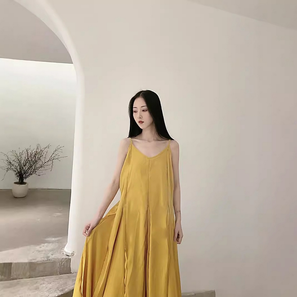 （总）洛兰沙家居馆【只代发】【只代发】 2025新款天丝空谷飘逸款长齐踝超大摆毛边拼接柔软顺滑清爽连衣裙