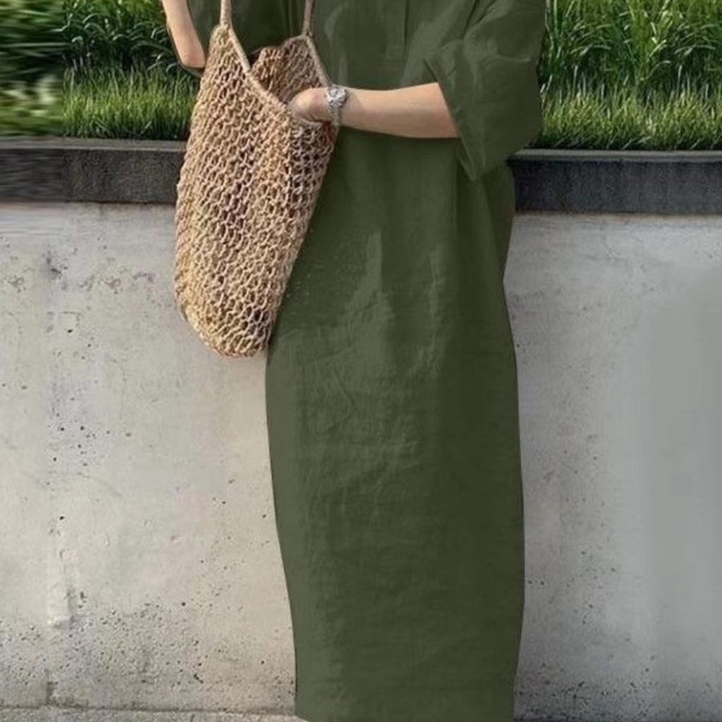 91家纺网 家纺一手货源 找家纺 洛兰沙家居馆【只代发】【只代发】 2025新款大V领棉麻文艺纯色亚麻女短袖宽松休闲日杂风长裙 绿色