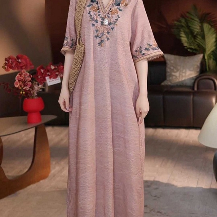 （总）洛兰沙家居馆【只代发】【只代发】 2025夏秋季新款复古苎麻重工刺绣上衣宽松洋气休闲文艺新中式款连衣裙