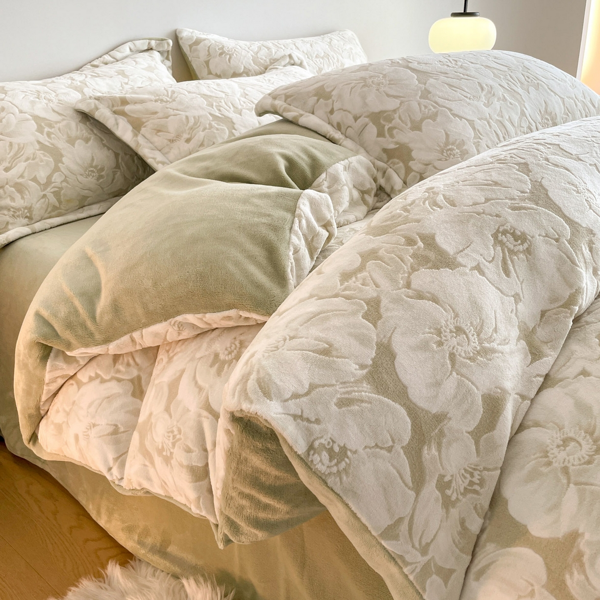 91家纺网 家纺一手货源 找家纺 （总）玉相逢 2025秋冬新款A类高克重牛奶绒立体亲肤绒浮雕雕花绒四件套