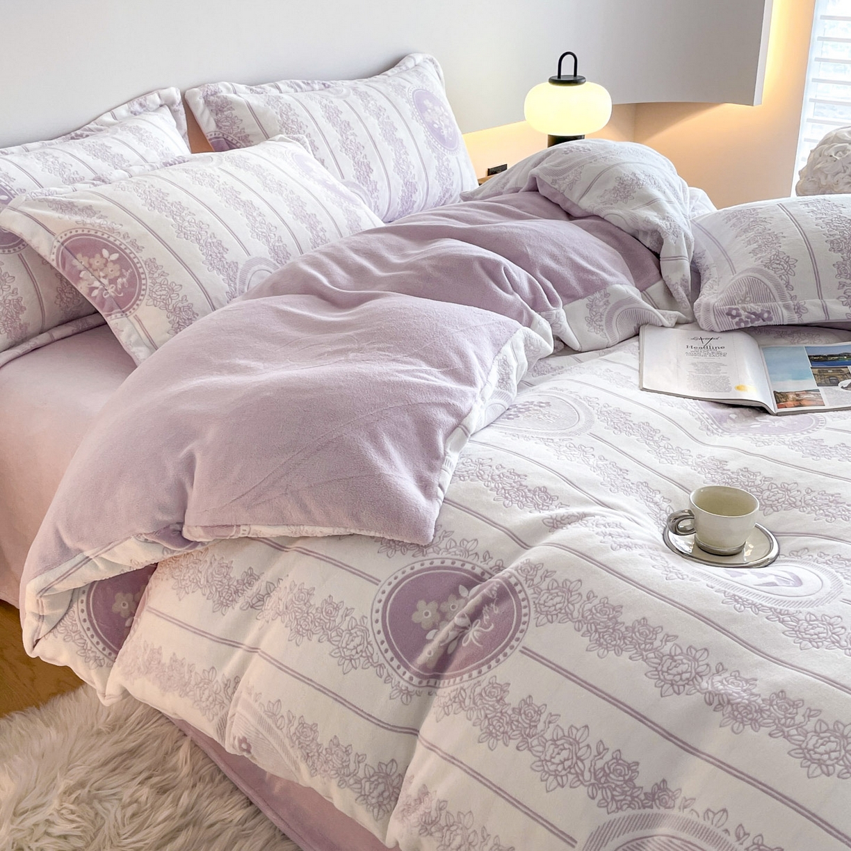 91家纺网 家纺一手货源 找家纺 玉相逢 2025秋冬新款A类高克重牛奶绒立体亲肤绒浮雕雕花绒四件套 艾瑞-紫