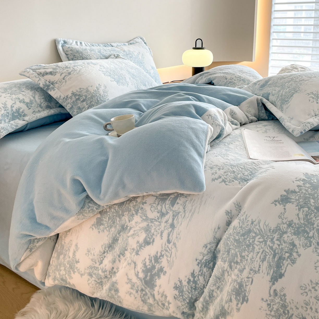 91家纺网 家纺一手货源 找家纺 玉相逢 2025秋冬新款A类高克重牛奶绒立体亲肤绒浮雕雕花绒四件套 云木-蓝