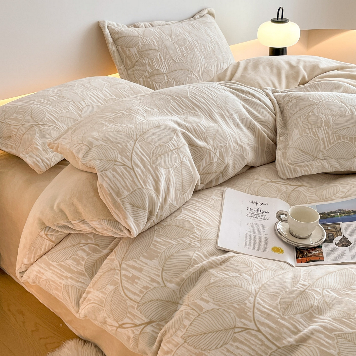 91家纺网 家纺一手货源 找家纺 玉相逢 2025秋冬新款A类高克重牛奶绒立体亲肤绒浮雕雕花绒四件套 仲夏晨歌