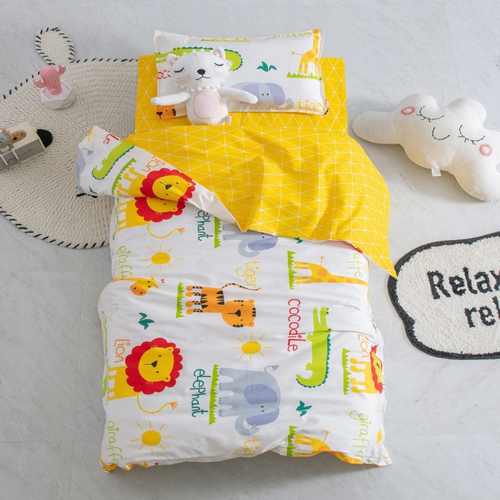 91家纺网 家纺一手货源 找家纺 鱼宝 2025新款全棉幼儿园套件 三件套—童真系列 动物乐园