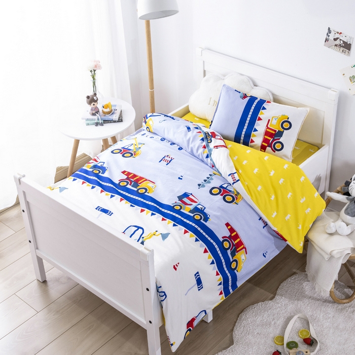 91家纺网 家纺一手货源 找家纺 鱼宝 2025新款全棉幼儿园套件 三件套—童真系列 小小挖掘机