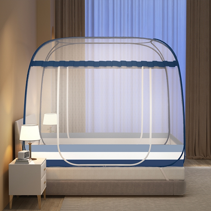 91家纺网 家纺一手货源 找家纺 佳梦家纺 2025新款花边大顶免安装蚊帐 条纹蓝