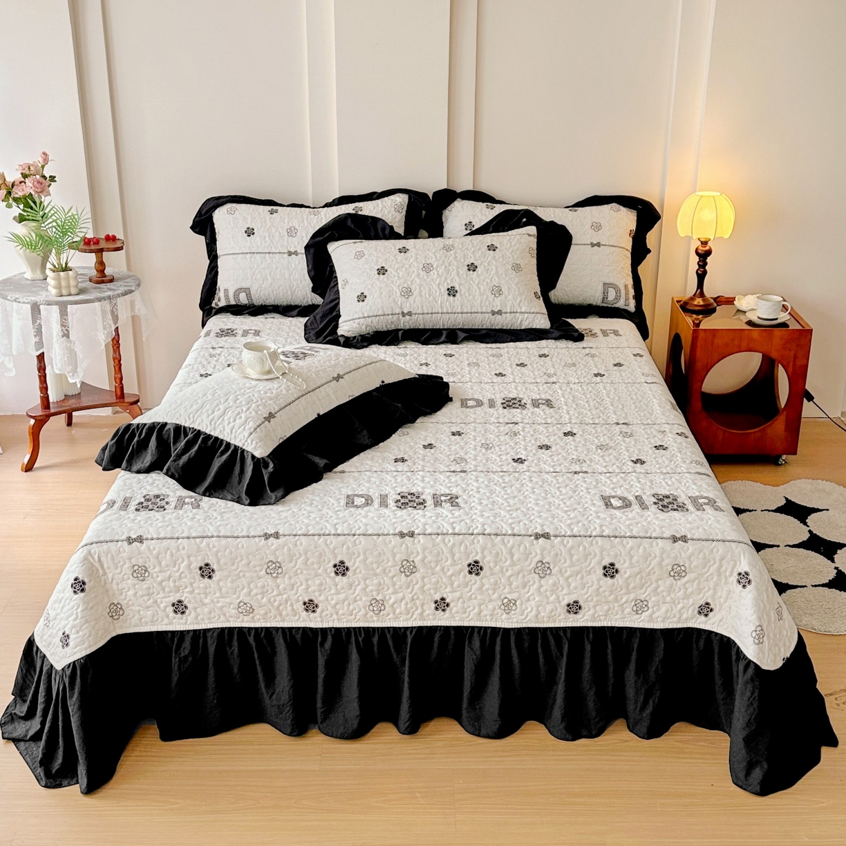 易辰美 2025新款亲肤舒适印花夹棉公主风床盖三件套 煌朝-灰