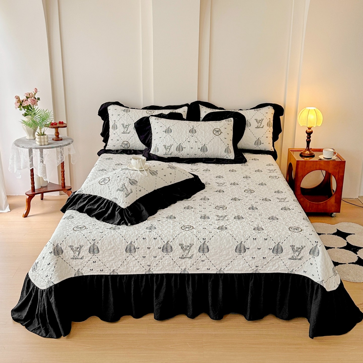 易辰美 2025新款亲肤舒适印花夹棉公主风床盖三件套 榴夏-灰