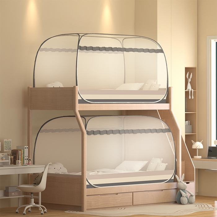 91家纺网 家纺一手货源 找家纺 佳梦家纺 2025新款学生免安装蚊帐 条纹灰单门