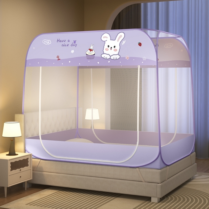 91家纺网 家纺一手货源 找家纺 佳梦家纺 2025新款印花大顶免安装蚊帐 奶油兔布三角