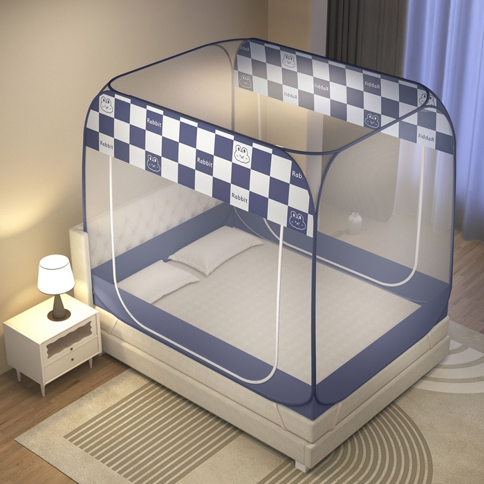 91家纺网 家纺一手货源 找家纺 佳梦家纺 2025新款印花大顶免安装蚊帐 格子兔布三角