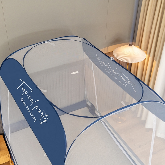 91家纺网 家纺一手货源 找家纺 佳梦家纺 2025新款印花大顶免安装蚊帐 条纹蓝 布三角