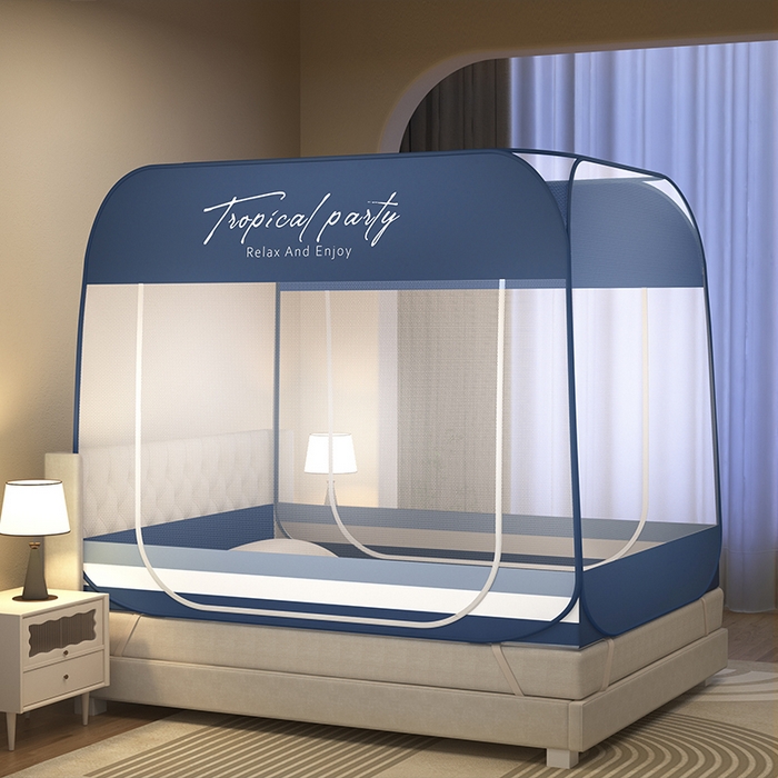 91家纺网 家纺一手货源 找家纺 佳梦家纺 2025新款印花大顶免安装蚊帐 条纹蓝 布三角