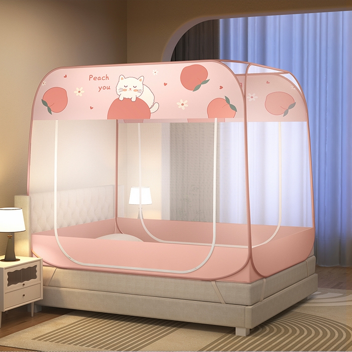 91家纺网 家纺一手货源 找家纺 佳梦家纺 2025新款印花大顶免安装蚊帐 蜜桃猫布三角