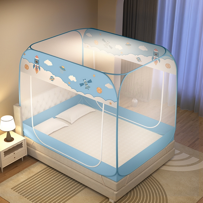 91家纺网 家纺一手货源 找家纺 佳梦家纺 2025新款印花大顶免安装蚊帐 太空蓝布三角