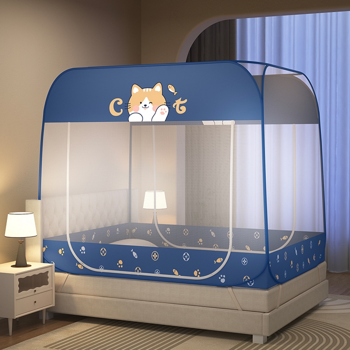 91家纺网 家纺一手货源 找家纺 佳梦家纺 2025新款印花大顶免安装蚊帐 懒猫蓝布三角