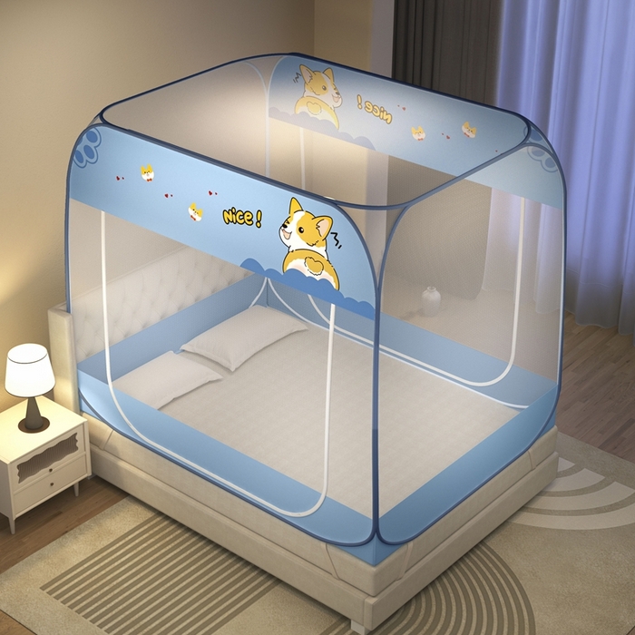 91家纺网 家纺一手货源 找家纺 佳梦家纺 2025新款印花大顶免安装蚊帐 奈斯狗蓝布三角