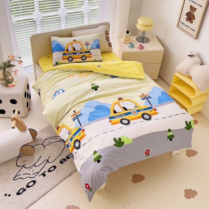 91家纺网 家纺一手货源 找家纺 鱼宝 2025新款全棉幼儿园套件 三件套—童真系列 小面包车