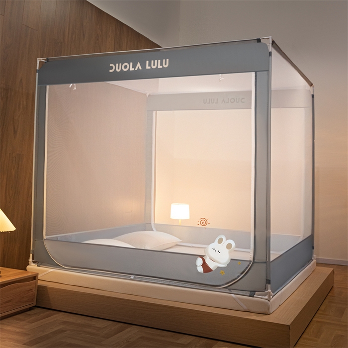 91家纺网 家纺一手货源 找家纺 佳梦家纺 2025新款lulu烫画款坐床蚊帐 LULU-丁香灰