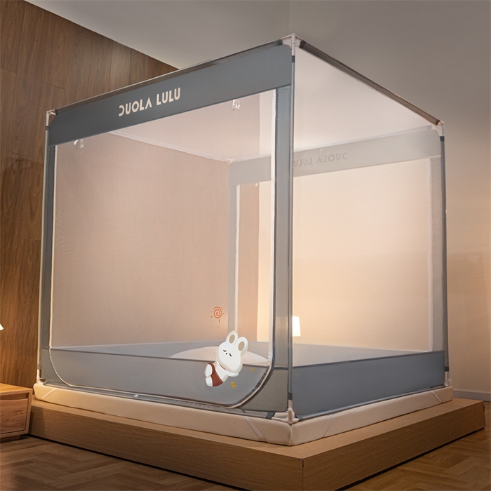 91家纺网 家纺一手货源 找家纺 佳梦家纺 2025新款lulu烫画款坐床蚊帐 LULU-丁香灰