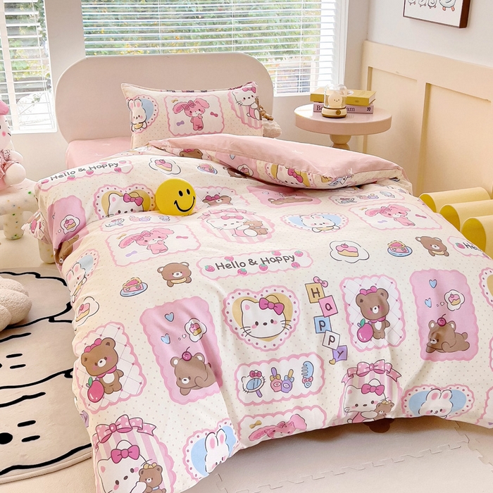 91家纺网 家纺一手货源 找家纺 鱼宝 2025新款全棉幼儿园套件 三件套—童真系列 粉粉猫