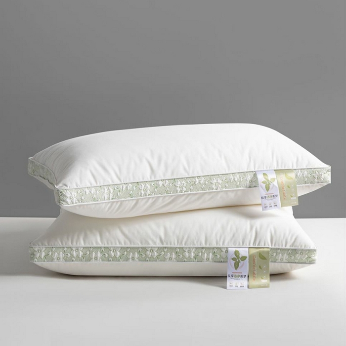 91家纺网 家纺一手货源 找家纺 小米枕芯 2025新款全棉立体单边枕头枕芯-苹果花 宽边绿-低枕700克