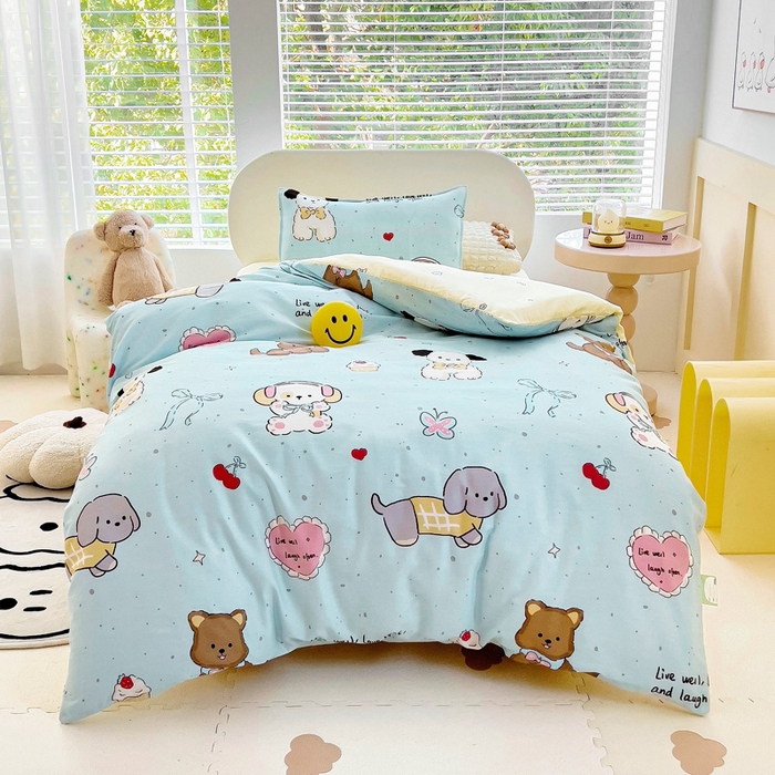 91家纺网 家纺一手货源 找家纺 鱼宝 2025新款全棉幼儿园套件 三件套—童真系列 音乐狗