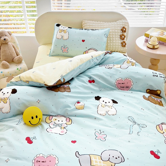 91家纺网 家纺一手货源 找家纺 鱼宝 2025新款全棉幼儿园套件 三件套—童真系列 音乐狗