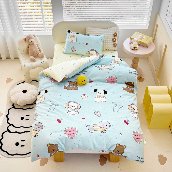 91家纺网 家纺一手货源 找家纺 鱼宝 2025新款全棉幼儿园套件 三件套—童真系列 音乐狗