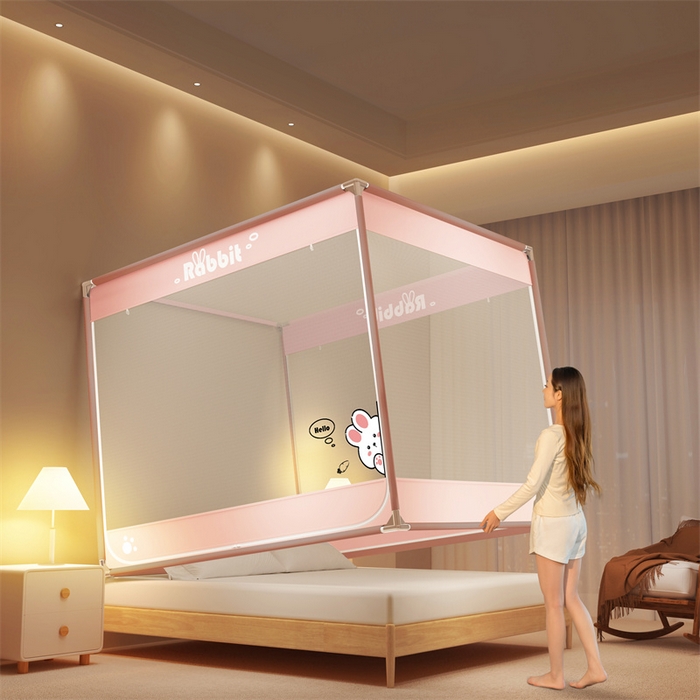 91家纺网 家纺一手货源 找家纺 佳梦家纺 2025新款柠檬烫画坐床蚊帐 萌小雅