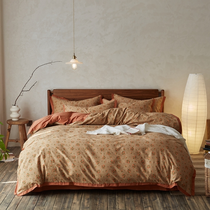 千朵森 2025新款全棉高定印花磨毛拼角四件套-风格一 花香满径（咖）