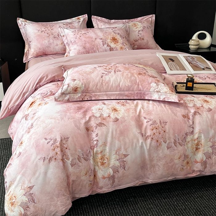 91家纺网 家纺一手货源 找家纺 格里芬 2025全棉加厚磨毛纯棉生态磨毛印花四件套 花涧-粉