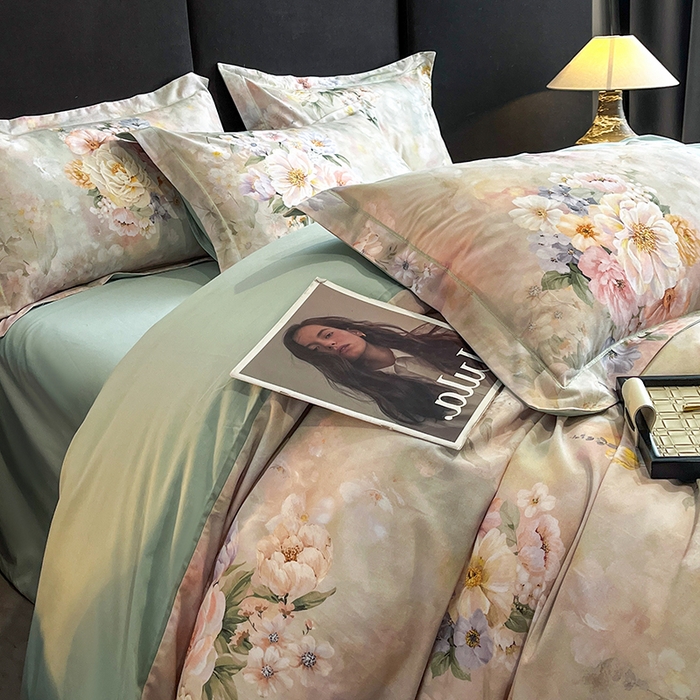 91家纺网 家纺一手货源 找家纺 格里芬 2025全棉加厚磨毛纯棉生态磨毛印花四件套 花漫漫-绿