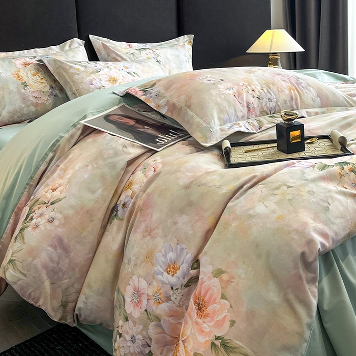 91家纺网 家纺一手货源 找家纺 格里芬 2025全棉加厚磨毛纯棉生态磨毛印花四件套 花漫漫-绿