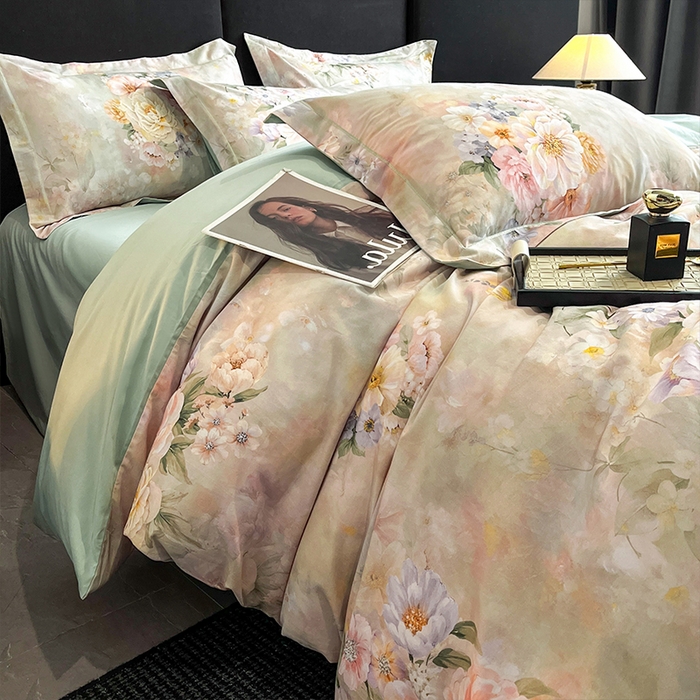 91家纺网 家纺一手货源 找家纺 格里芬 2025全棉加厚磨毛纯棉生态磨毛印花四件套 花漫漫-绿