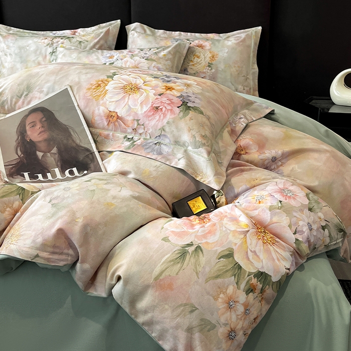 91家纺网 家纺一手货源 找家纺 格里芬 2025全棉加厚磨毛纯棉生态磨毛印花四件套 花漫漫-绿