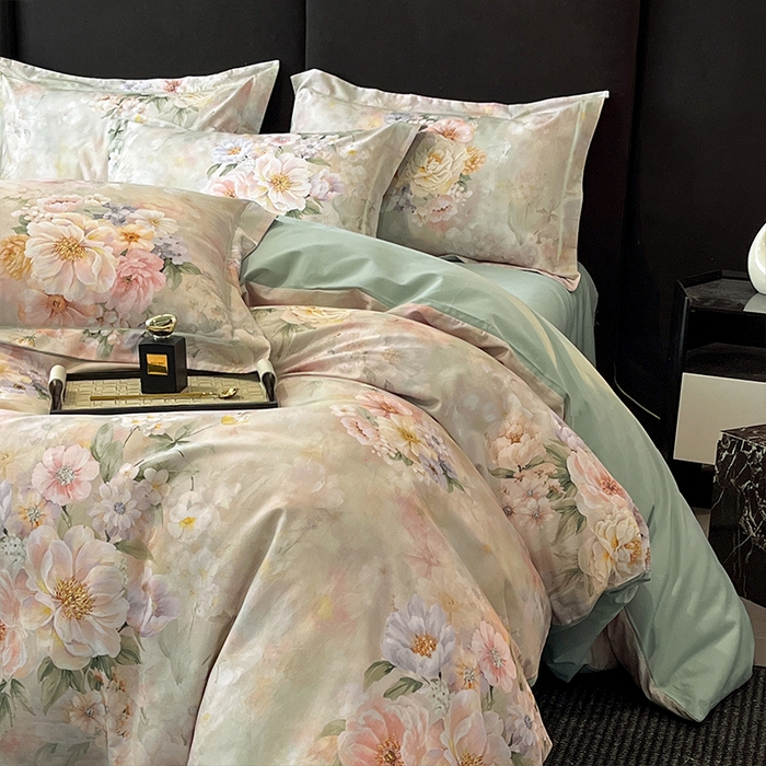 91家纺网 家纺一手货源 找家纺 格里芬 2025全棉加厚磨毛纯棉生态磨毛印花四件套 花漫漫-绿