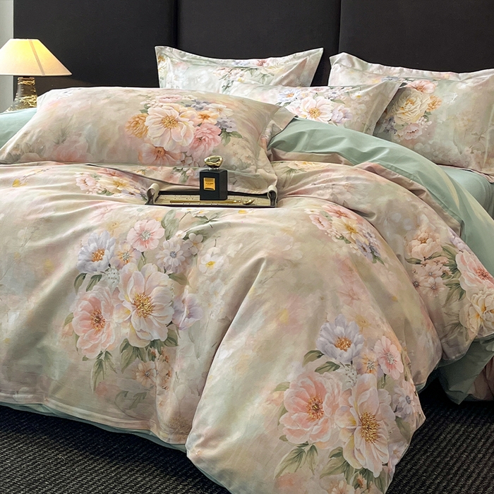 91家纺网 家纺一手货源 找家纺 格里芬 2025全棉加厚磨毛纯棉生态磨毛印花四件套 花漫漫-绿