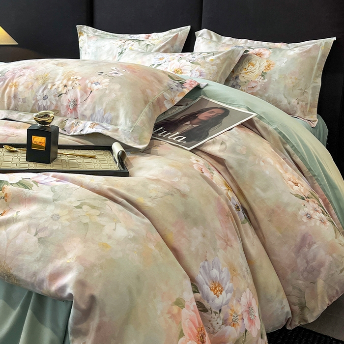 91家纺网 家纺一手货源 找家纺 格里芬 2025全棉加厚磨毛纯棉生态磨毛印花四件套 花漫漫-绿