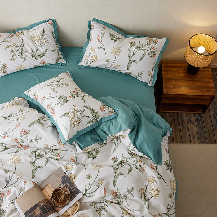 91家纺网 家纺一手货源 找家纺 千朵森 2025新款全棉高定印花磨毛拼角四件套-风格一 春晓