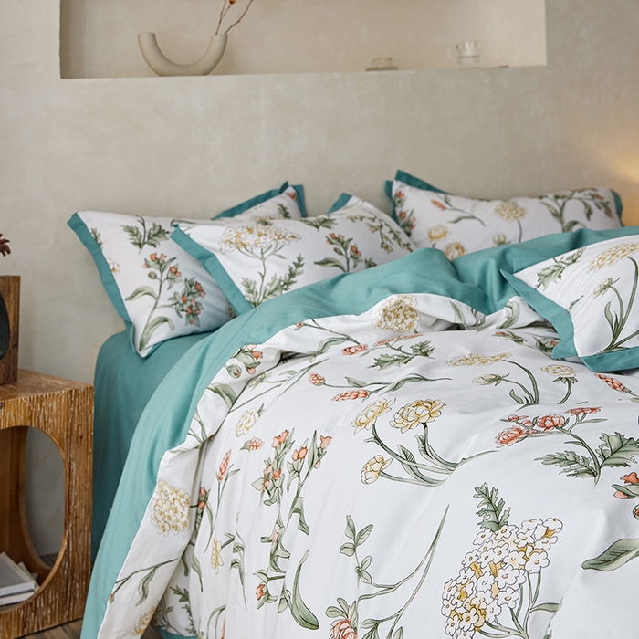 91家纺网 家纺一手货源 找家纺 千朵森 2025新款全棉高定印花磨毛拼角四件套-风格一 春晓