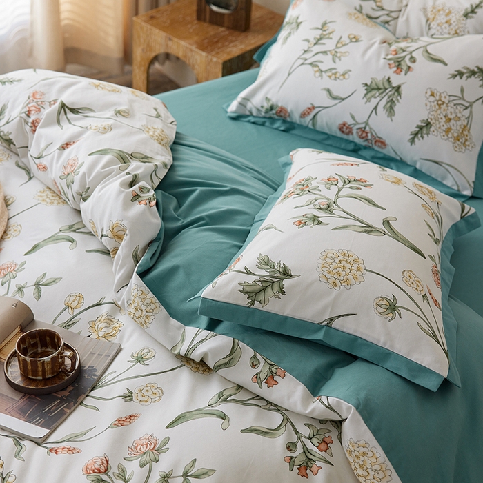 91家纺网 家纺一手货源 找家纺 千朵森 2025新款全棉高定印花磨毛拼角四件套-风格一 春晓