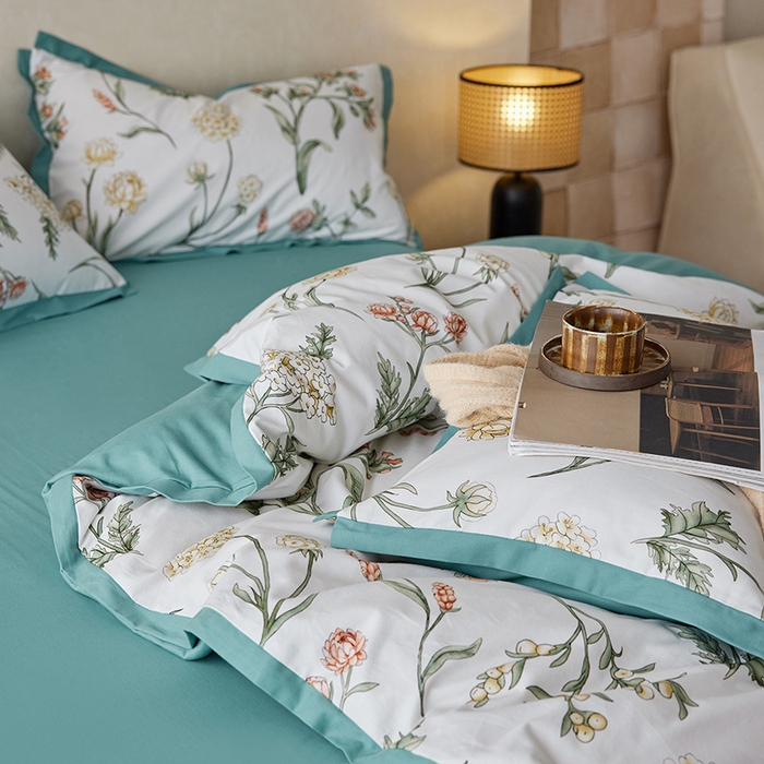 91家纺网 家纺一手货源 找家纺 千朵森 2025新款全棉高定印花磨毛拼角四件套-风格一 春晓