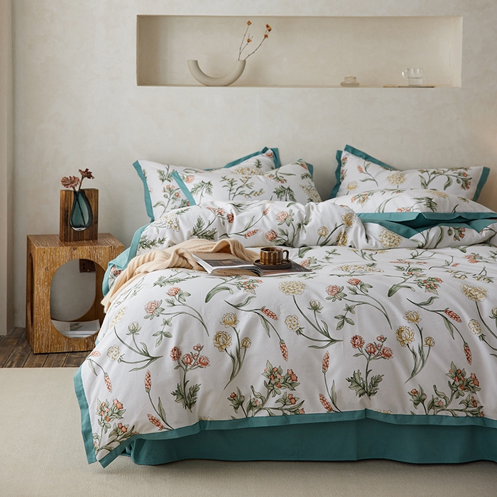 91家纺网 家纺一手货源 找家纺 千朵森 2025新款全棉高定印花磨毛拼角四件套-风格一 春晓