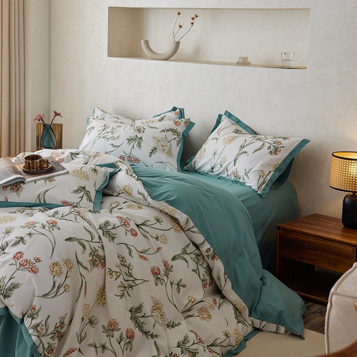 91家纺网 家纺一手货源 找家纺 千朵森 2025新款全棉高定印花磨毛拼角四件套-风格一 春晓