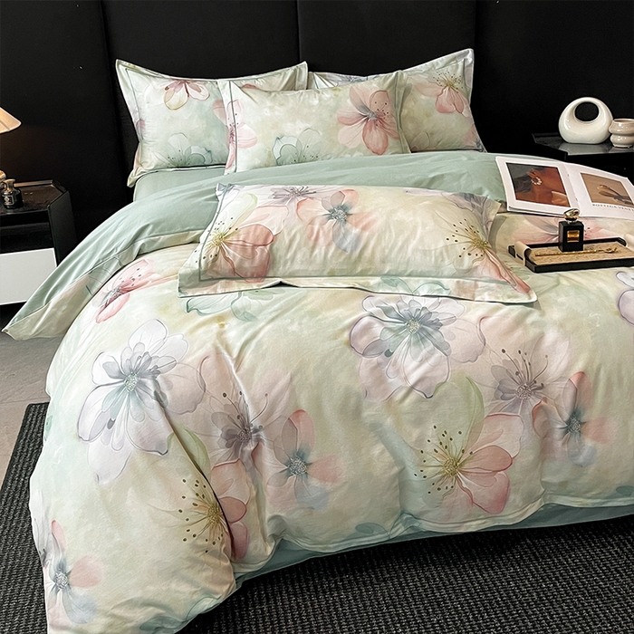 91家纺网 家纺一手货源 找家纺 格里芬 2025全棉加厚磨毛纯棉生态磨毛印花四件套 幻影-绿