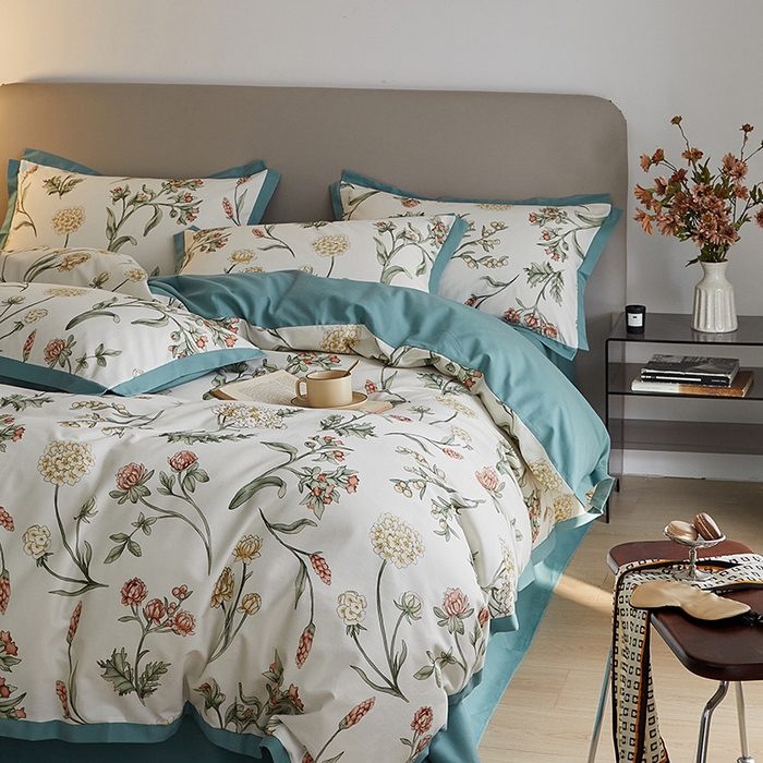 91家纺网 家纺一手货源 找家纺 千朵森 2025新款全棉高定印花磨毛拼角四件套-风格二 春晓